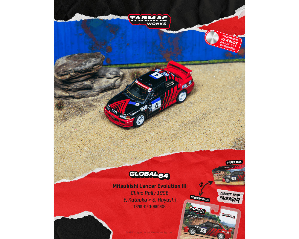 [Preorder] Tarmac Works 1:64 Mitsubishi Lancer Evolution III China Rally 1998 Yoshihiro Kataoka / Satoshi Hayashi – Global64 T64G-050-98CR04-B