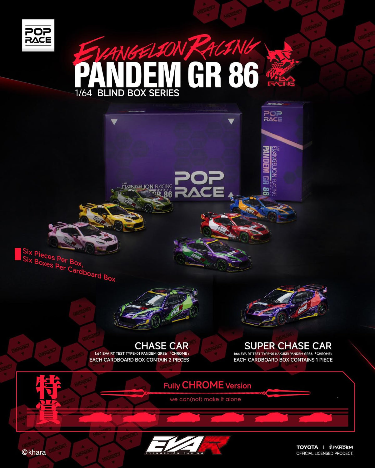 [Preorder] POPRACE x EVANGELION 1:64 RACING PANDEM GR 86 BLIND BOX SERIES SET OF 6 CARS