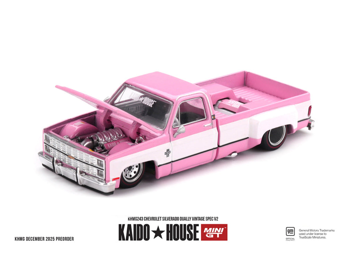 [Preorder] Kaido House x Mini GT Chevrolet Silverado Dually Vintage Spec V2 – Pink with White KHMG243