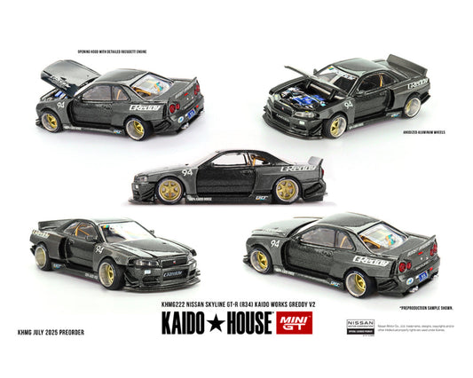 Kaido House x Mini GT 1:64 Nissan Skyline GT-R (R34) Kaido Works GReddy V2 – Black w/ Carbon KHMG222