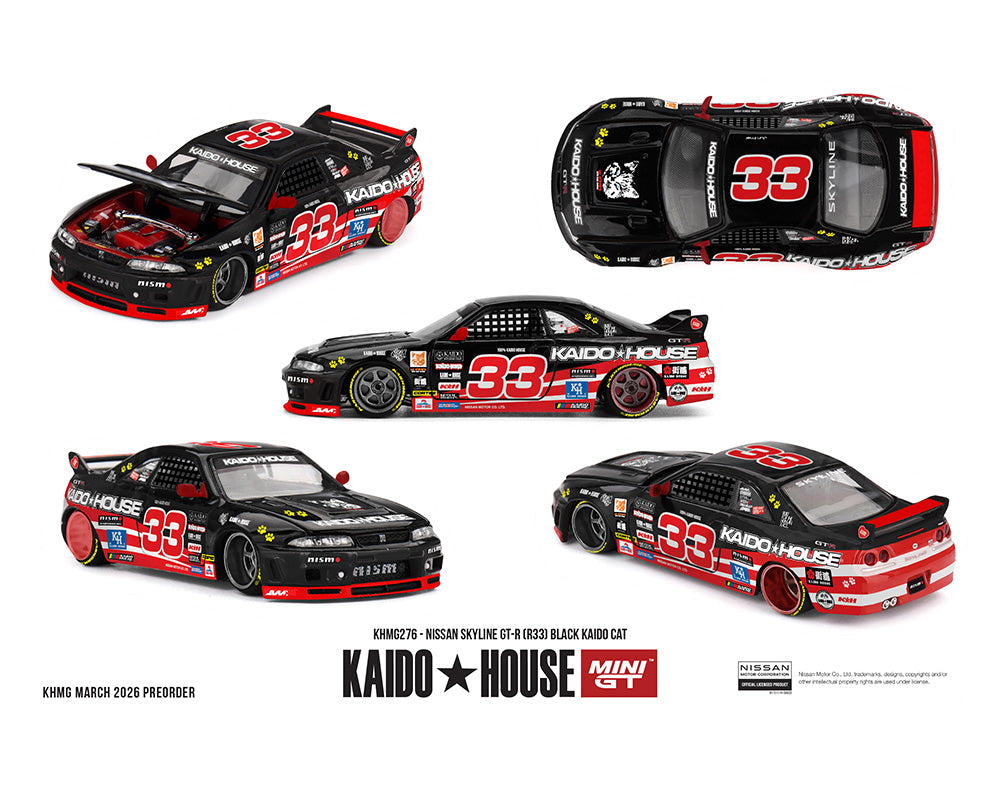[Preorder] Kaido House x Mini GT 1:64 Nissan Skyline GT-R (R33) Black Kaido Cat – Limited Edition KHMG276