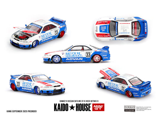 Kaido House x Mini GT 1:64 Nissan Skyline GT-R (R33) BFTHR V1 – White w/ Blue Two-tone