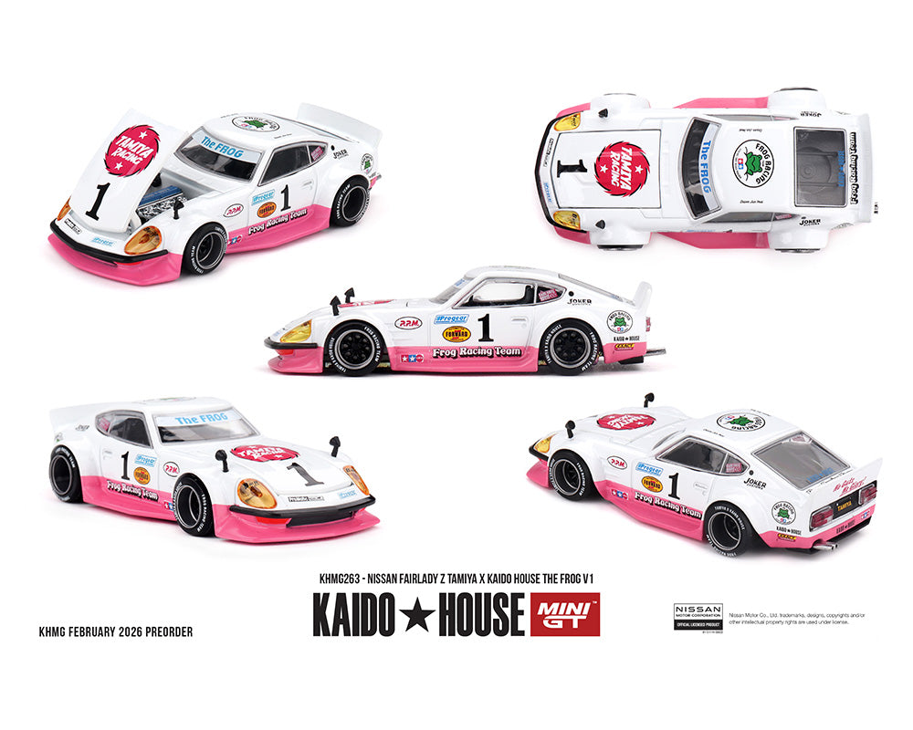 Kaido House x Mini GT 1:64 Nissan Fairlady Z Tamiya x Kaido House The Frog V1 – White/Pink KHMG263