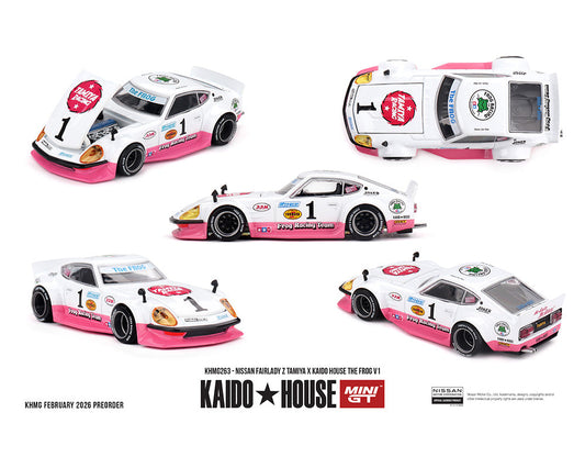 Kaido House x Mini GT 1:64 Nissan Fairlady Z Tamiya x Kaido House The Frog V1 – White/Pink KHMG263