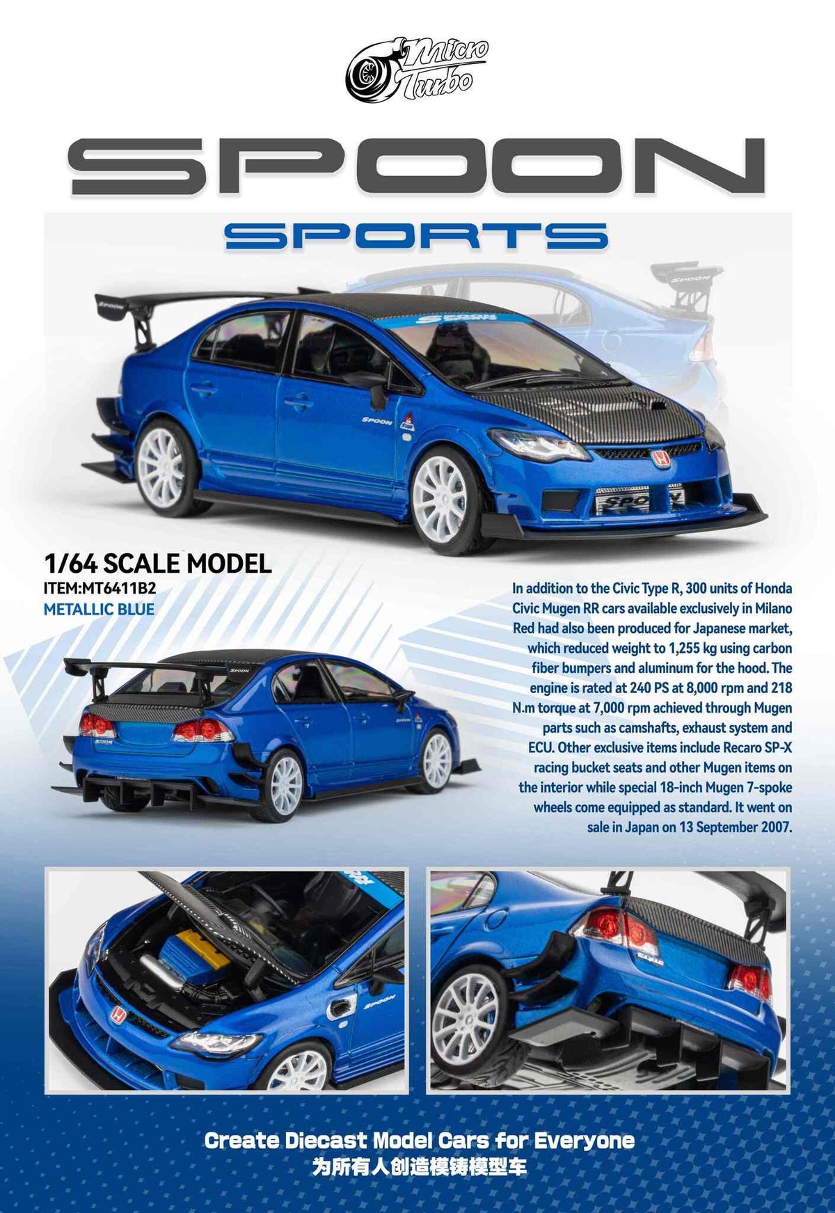 Microturbo 1:64 Custom FD2 Spoon Metallic Blue MT6411B2
