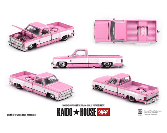 [Preorder] Kaido House x Mini GT Chevrolet Silverado Dually Vintage Spec V2 – Pink with White KHMG243