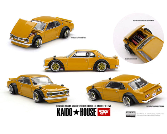 Kaido House x Mini GT 1:64 Nissan Skyline 2000 GT-R (KPGC10) Kaido Street V2 – Yellow KHMG228