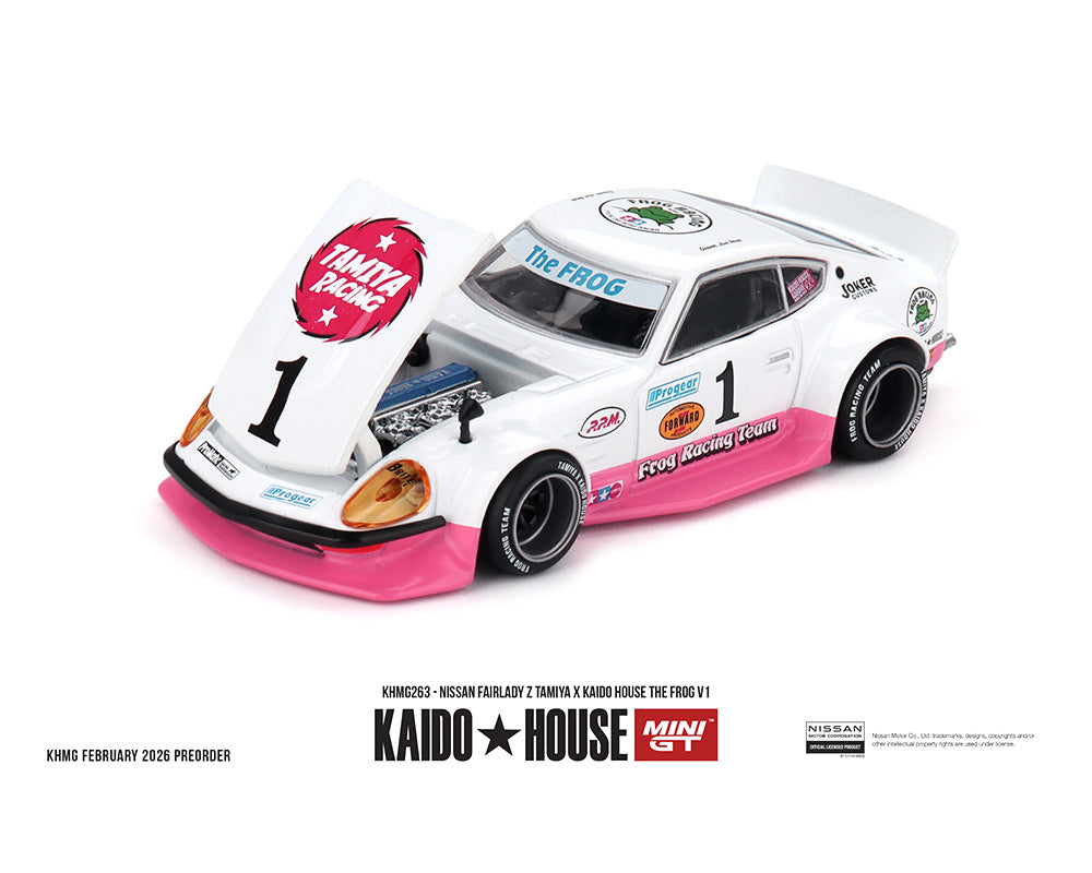 Kaido House x Mini GT 1:64 Nissan Fairlady Z Tamiya x Kaido House The Frog V1 – White/Pink KHMG263
