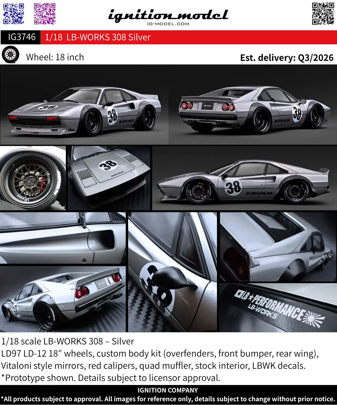 Ignition Model 1:18 LB-WORKS Ferrari 308 Silver  IG3746