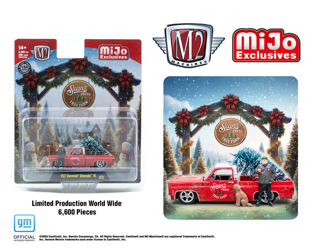 M2 Machines 1:64 Diorama Sean’s Fresh Tree Farm 1977 Chevrolet Silverado 10 with Sean Figure & Dog – Mijo Exclusives 67500-MJS01