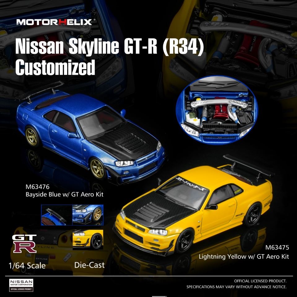 [Preorder] MOTORHELIX 1:64 Nissan Skyline GT-R (R34) Customized (2 Colours) M63475/M63476