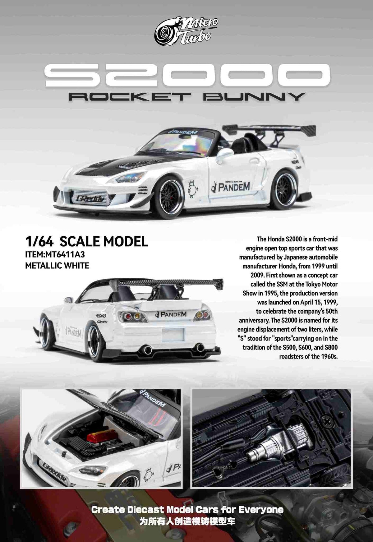 [Preorder] Microturbo 1:64 Custom S2000 RB - Metallic White MT6408B5